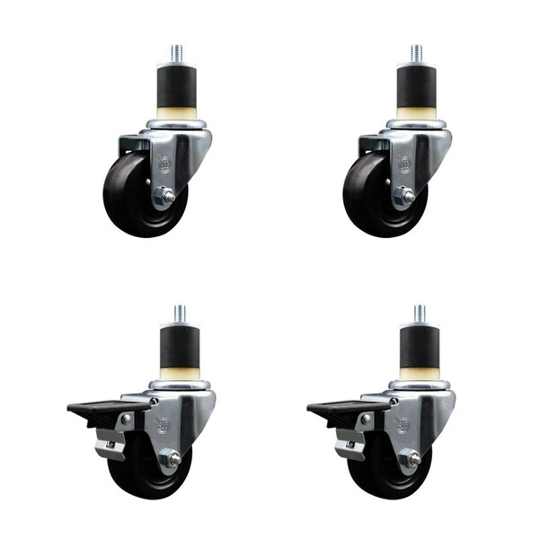3'' Hard Rubber Wheel Swivel 1-7/8'' Expand Stem Caster Set 2 Brakes, 4PK